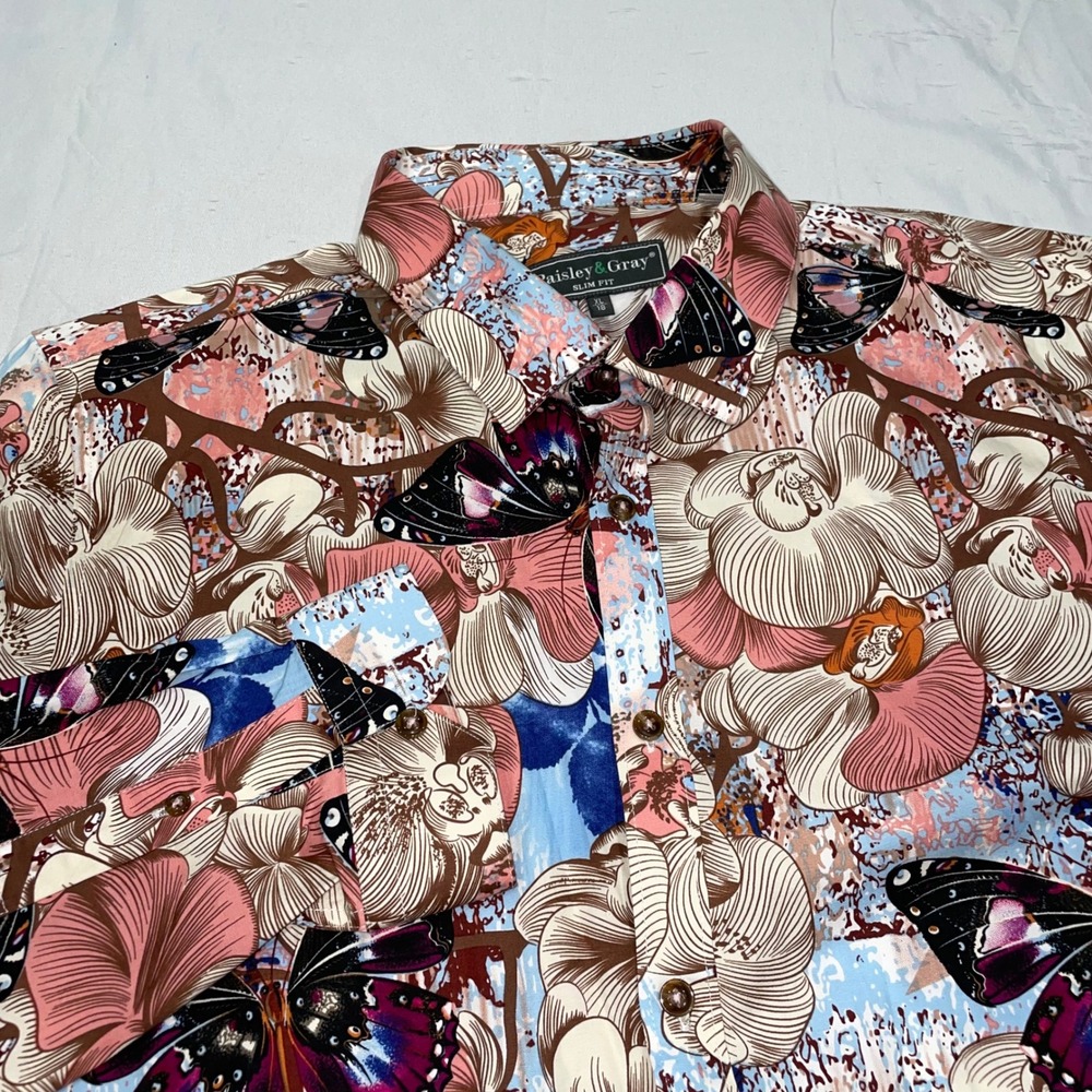 Paisley & Gray Mens XL Slim Fit Butterfly Orchid Floral Button Down Shirt Multi